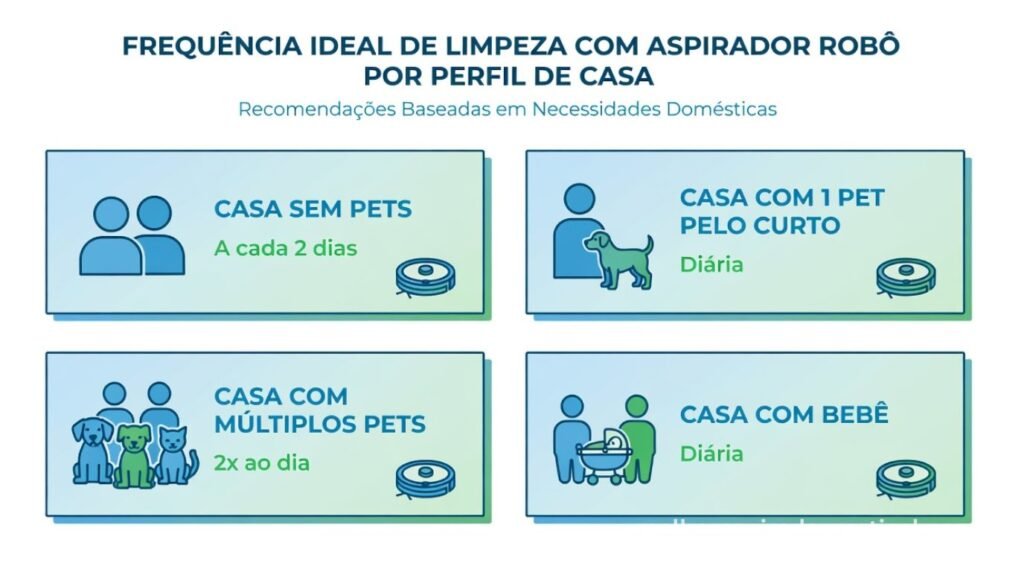 Infográfico mostrando frequência de limpeza ideal do aspirador robô para diferentes perfis de casa incluindo pets e crianças