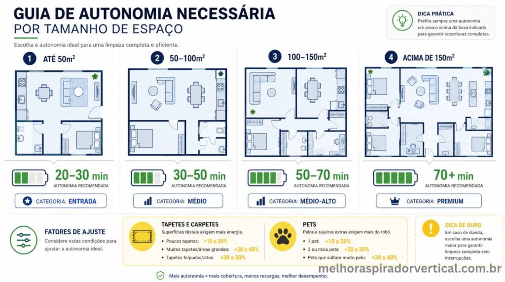 Infográfico mostrando guia de autonomia necessária por tamanho de espaço com plantas baixas estilizadas categorias de aspirador e fatores de ajuste para tapetes e pets