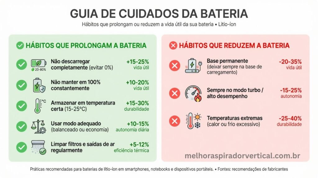 Infográfico dividido em duas seções mostrando hábitos que prolongam a bateria com checkmarks verdes e hábitos que reduzem a vida útil com X vermelhos em aspiradores verticais