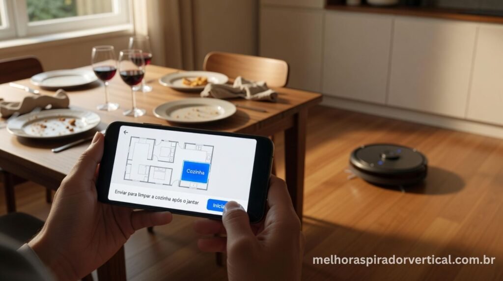 Pessoa usando smartphone para enviar aspirador robô para limpar especificamente a cozinha via aplicativo após o jantar