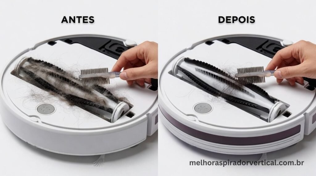Mãos usando ferramenta de limpeza para remover pelos e cabelos enrolados na escova principal de aspirador robô virado de lado