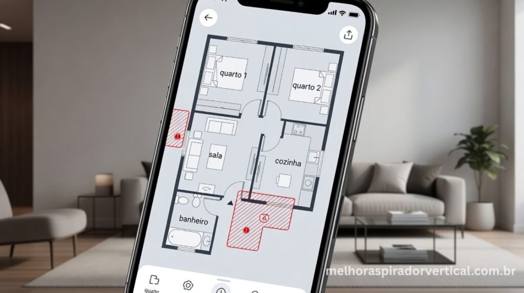 Smartphone com aplicativo de aspirador robô mostrando mapa detalhado da casa com cômodos nomeados e zonas de exclusão configuradas