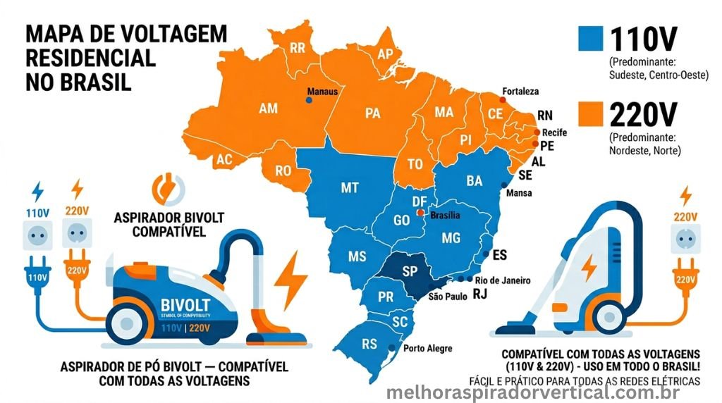 Mapa do Brasil mostrando divisão de cidades por voltagem 110V e 220V com ícone de aspirador bivolt
