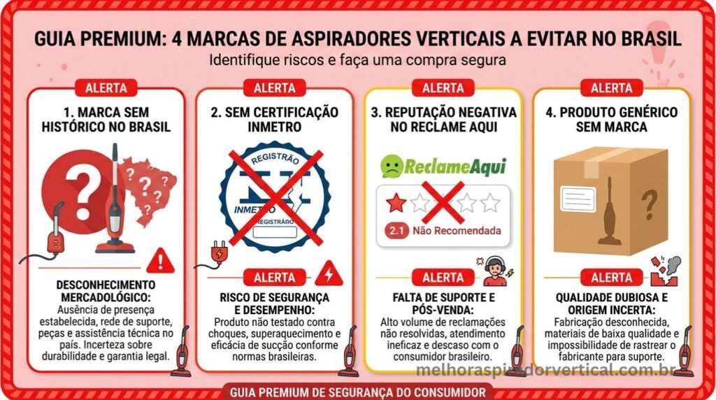 Infográfico mostrando quatro perfis de marcas de aspiradores verticais a evitar com riscos específicos marca sem histórico sem INMETRO reputação negativa e genérico sem marca