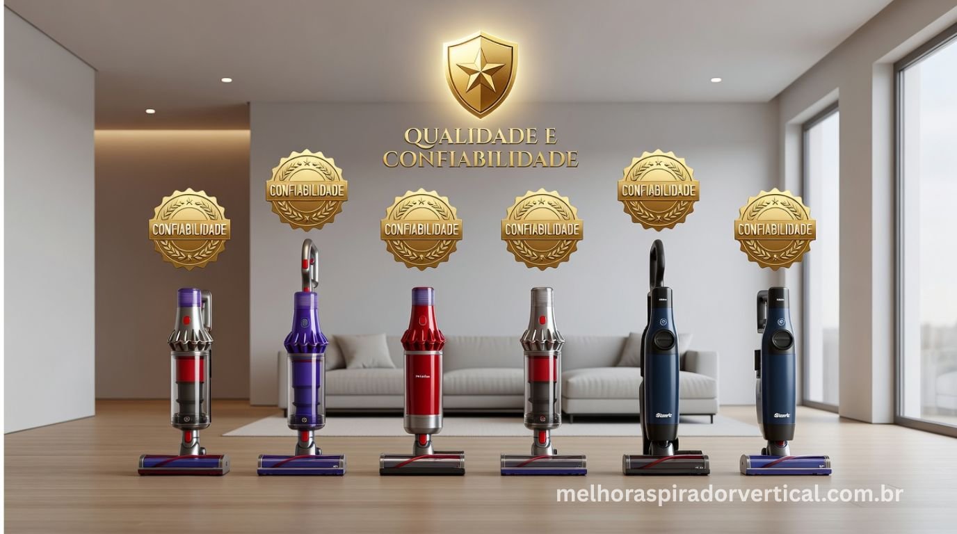 Seleção de aspiradores verticais de diferentes marcas dispostos lado a lado com selos dourados de confiabilidade e escudo dourado com estrela ao centro representando qualidade
