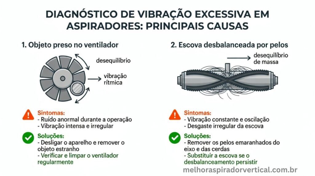 Infográfico diagnóstico mostrando objeto preso no ventilador e escova desbalanceada por pelos como causas de vibração excessiva com sintomas e soluções