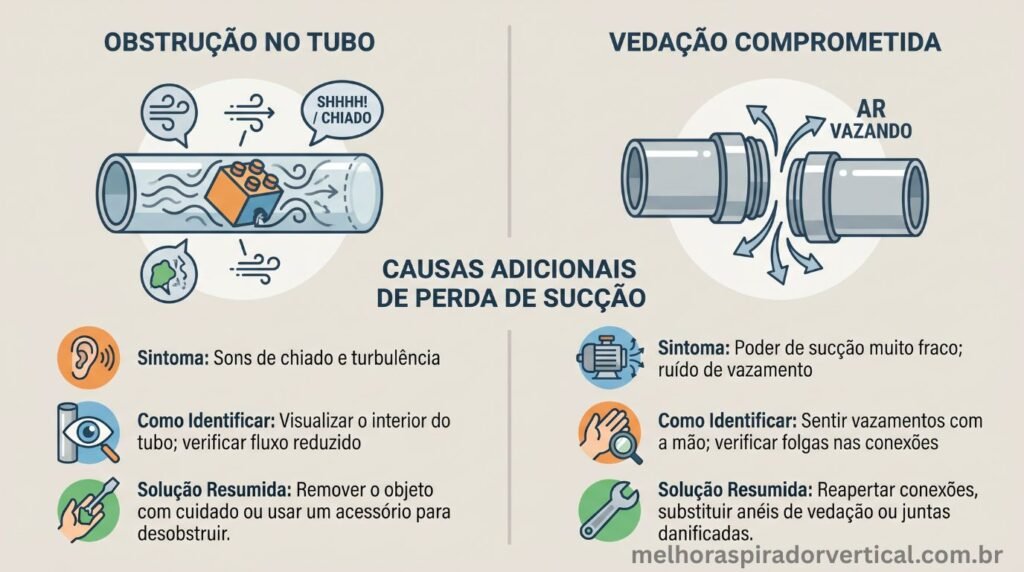 Infográfico diagnóstico mostrando obstrução no tubo e vedação comprometida como causas de perda de sucção com sintomas e soluções para cada uma