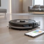 Aspirador robô moderno em operação em sala ampla com smartphone exibindo aplicativo de controle com mapa detalhado e configurações avançadas