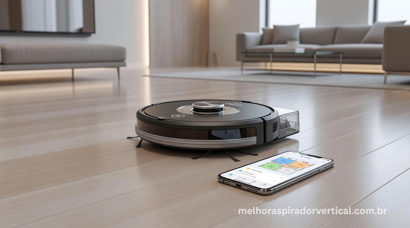Aspirador robô moderno em operação em sala ampla com smartphone exibindo aplicativo de controle com mapa detalhado e configurações avançadas