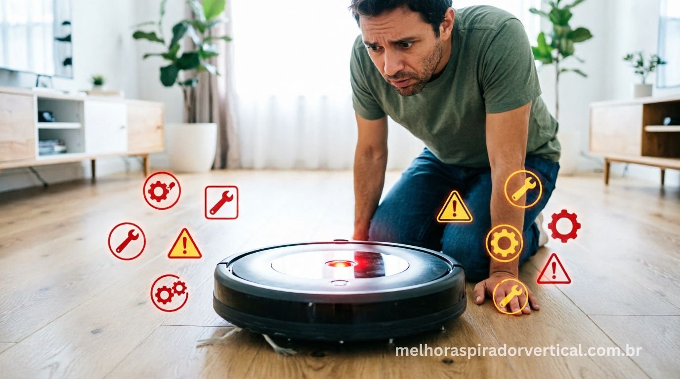 Pessoa examinando aspirador robô parado com luz de erro vermelha acesa cercado de ícones de ferramentas e alertas ilustrados digitalmente