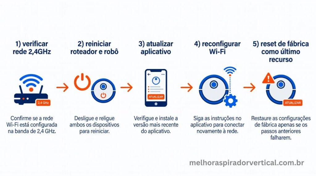 Infográfico com cinco passos para reconectar aspirador robô ao Wi-Fi desde verificar a rede até reset de fábrica como último recurso