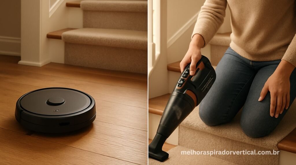 Aspirador robô operando no andar térreo com segurança enquanto pessoa usa aspirador de mão para limpar os degraus da escada manualmente