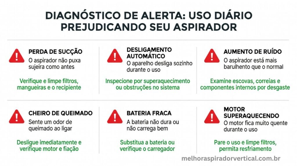 Infográfico mostrando seis sinais de alerta de que o uso diário está prejudicando o aspirador com ícones vermelhos e ações recomendadas em verde