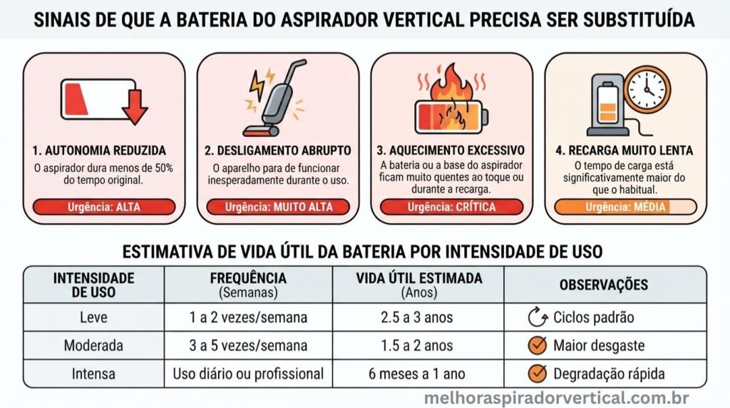 Infográfico mostrando quatro sinais de que a bateria do aspirador vertical precisa ser substituída com ícones de alerta e tabela de vida útil por intensidade de uso