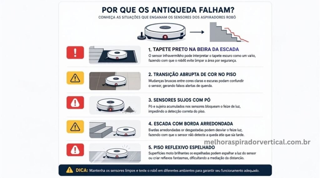 Infográfico mostrando cinco situações onde os sensores antiqueda de aspiradores robô podem falhar incluindo tapete escuro sujeira e piso reflexivo
