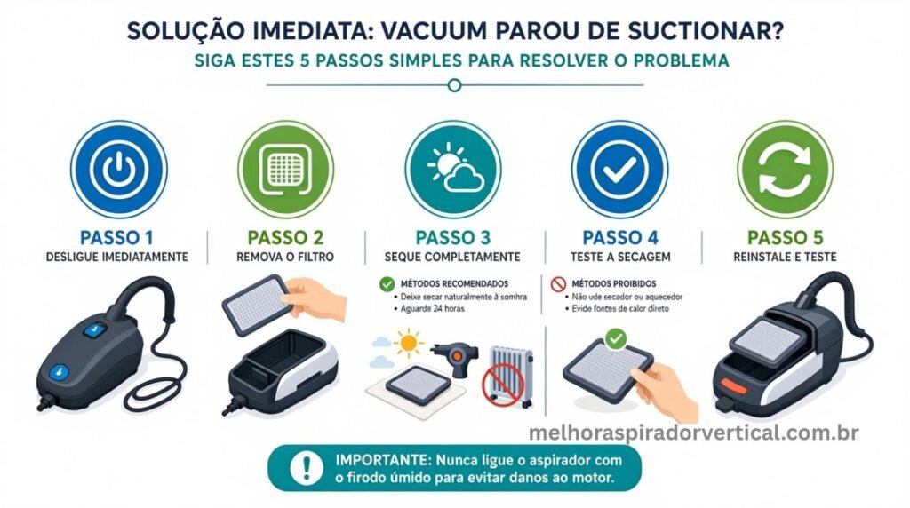 Infográfico tutorial com cinco passos para resolver aspirador que parou de sugar após lavar o filtro incluindo métodos de secagem recomendados e proibidos