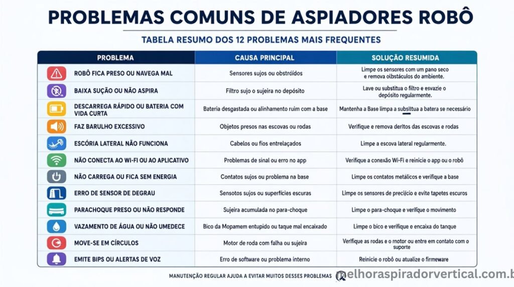 Tabela resumo dos 12 problemas mais comuns de aspiradores robô com problema causa principal e solução resumida em três colunas