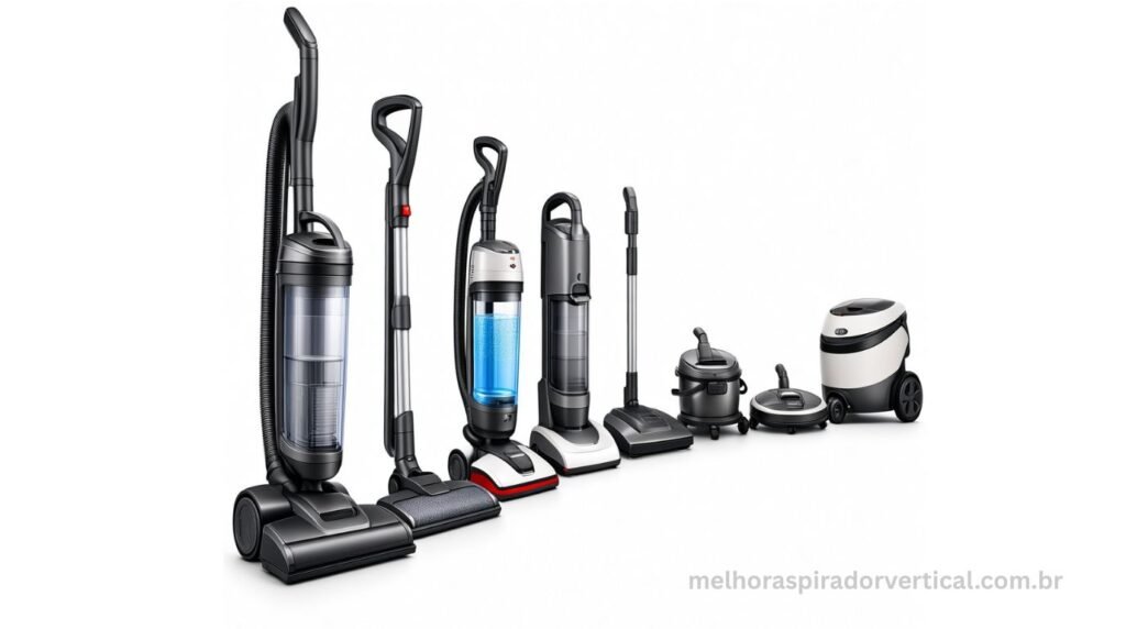 Diferentes tipos de aspiradores de pó lado a lado: vertical, cilíndrico, robô, portátil e com filtro de água