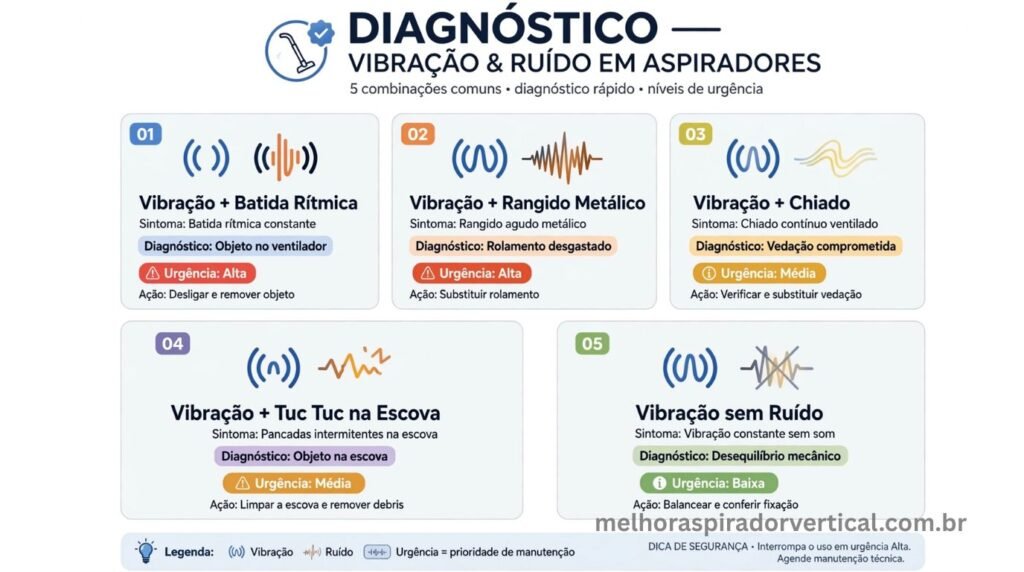 Infográfico mostrando cinco combinações de vibração e ruído em aspiradores com diagnóstico e nível de urgência para cada combinação
