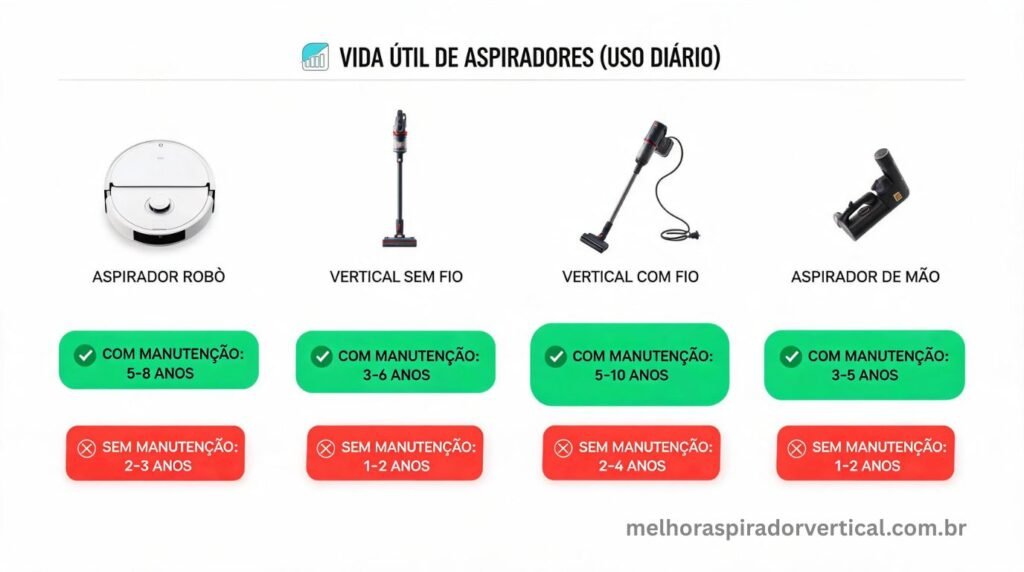 Infográfico tabela comparando vida útil esperada dos quatro tipos de aspirador com uso diário entre manutenção adequada e negligente
