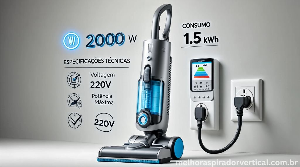 Aspirador de pó vertical com elementos técnicos ao redor: medidor de energia, tomada e etiqueta de especificações
