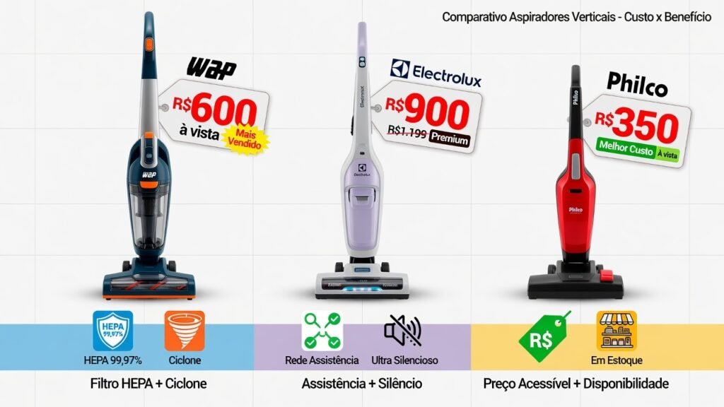 WAP, Electrolux e Philco com etiquetas de preço e diferenciais de cada marca destacados abaixo