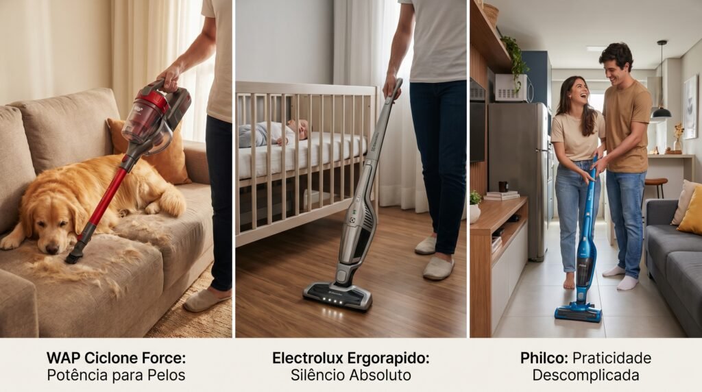 Comparativo de uso real: WAP com pets, Electrolux silencioso com bebê e Philco prático em apartamento pequeno