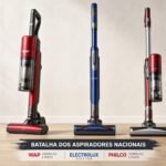 Aspiradores WAP, Electrolux e Philco lado a lado em ambiente doméstico para comparação das três principais marcas nacionais
