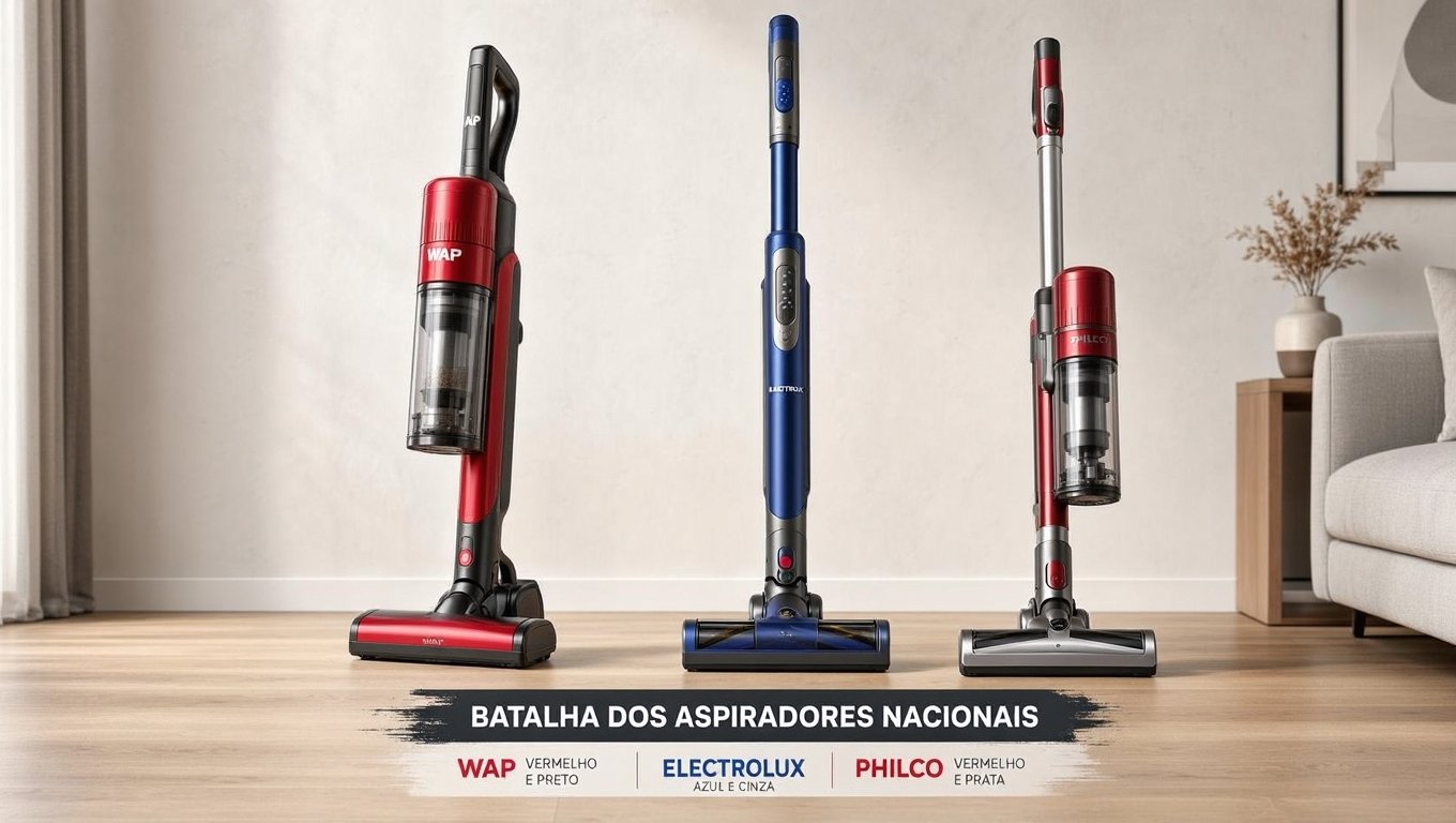 Aspiradores WAP, Electrolux e Philco lado a lado em ambiente doméstico para comparação das três principais marcas nacionais