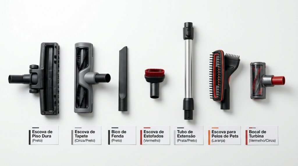 Flat lay premium mostrando acessórios essenciais de kit completo de aspirador de pó organizados e identificados com etiquetas incluindo escovas bocais e tubo