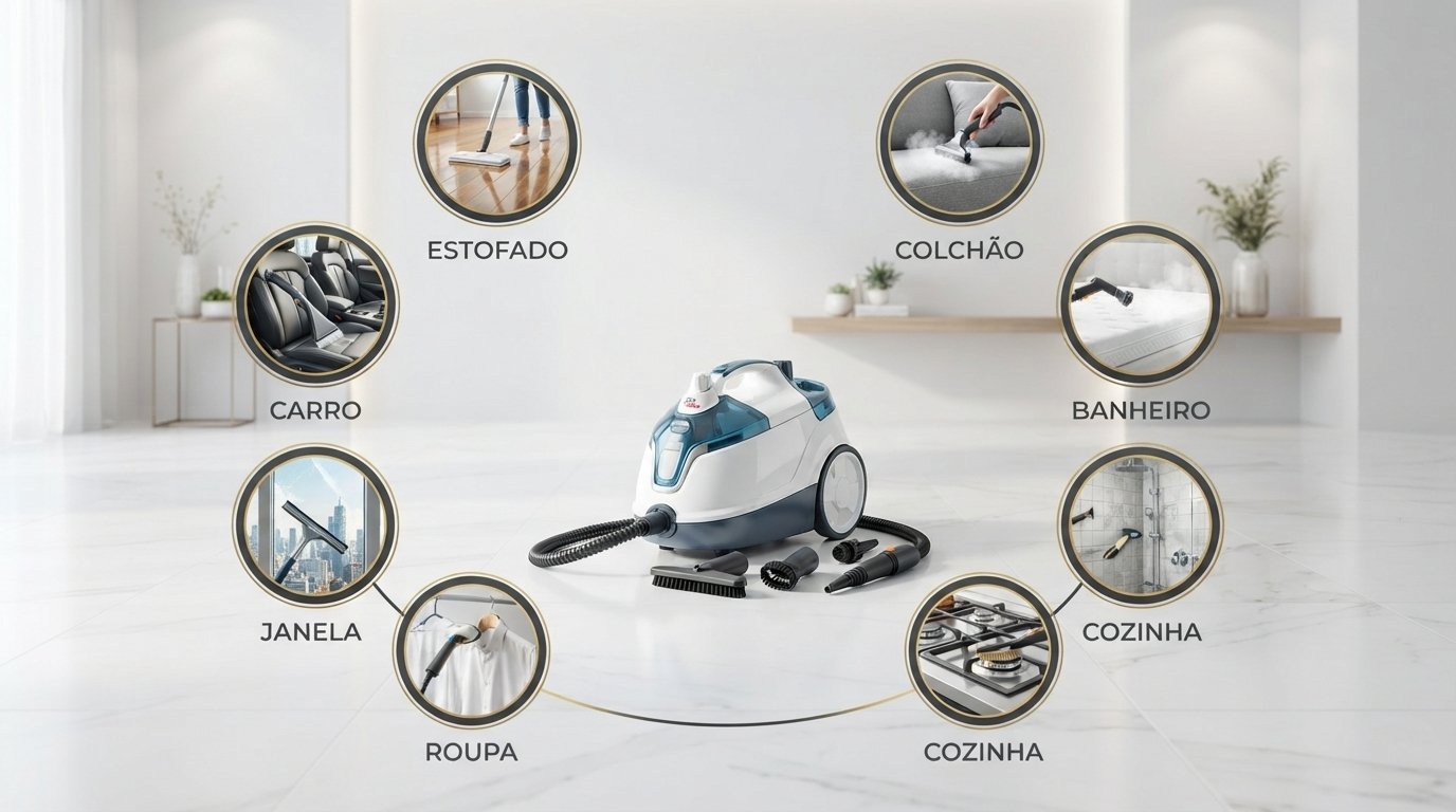 Aspirador a vapor multifuncional moderno cercado por ícones dos diferentes ambientes e superfícies onde pode ser usado incluindo piso estofado colchão banheiro e cozinha