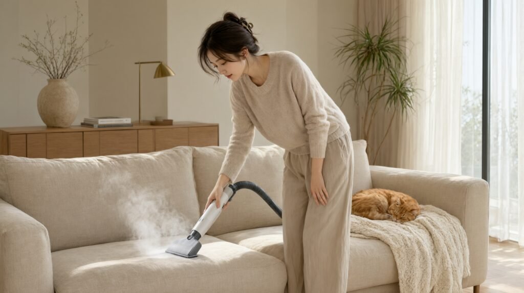 Pessoa usando aspirador a vapor com bocal de tecidos em sofá de linho bege com gato ao fundo transmitindo higienização anti-ácaros e pelos