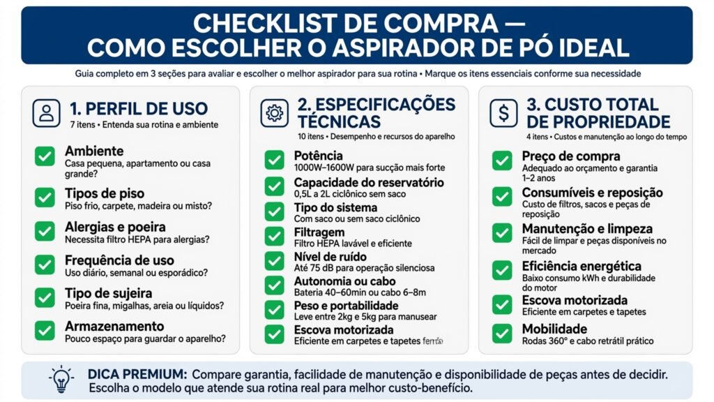 Infográfico checklist completo para escolha de aspirador de pó com três seções perfil de uso especificações técnicas e custo total de propriedade