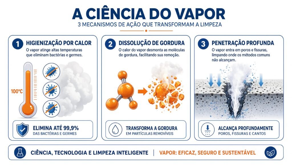 Infográfico educacional mostrando os três mecanismos de ação do vapor na limpeza higienização por calor dissolução de gordura e penetração profunda