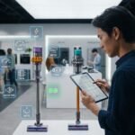 Pessoa analisando dois aspiradores de pó em loja com tablet mostrando comparativo técnico e ícones de critérios como watts filtro HEPA e motor ao redor