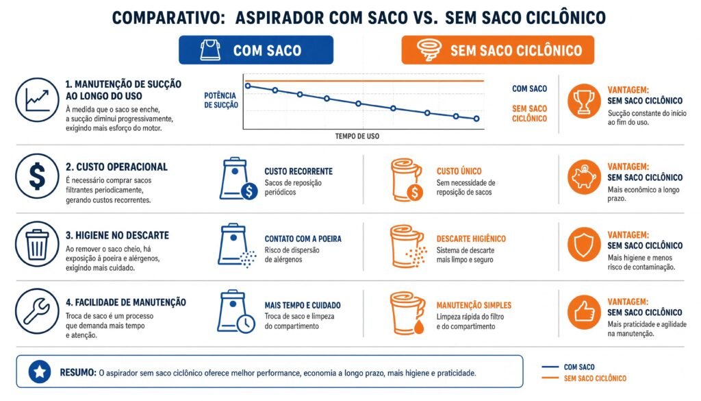 Infográfico comparando aspirador com saco versus sem saco ciclônico em sucção ao longo do uso custo operacional higiene e manutenção