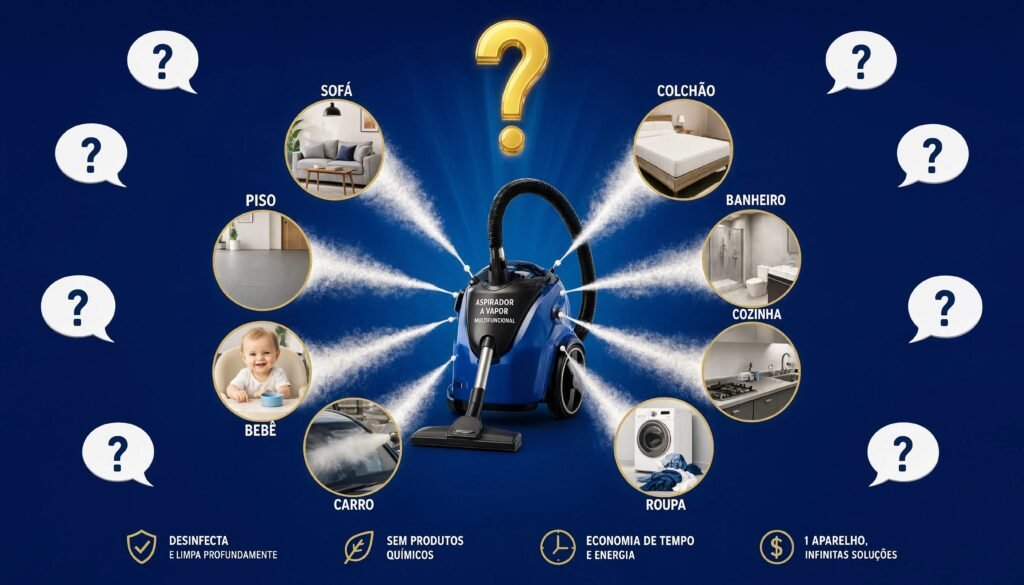 Seção de perguntas frequentes sobre aspirador a vapor multifuncional com ilustração do aparelho com raios de vapor apontando para ícones de diferentes superfícies