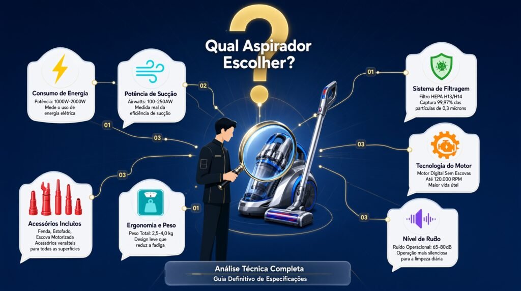 Seção de perguntas frequentes sobre como escolher aspirador de pó com ícones de critérios técnicos watts filtro HEPA motor e decibéis ao redor