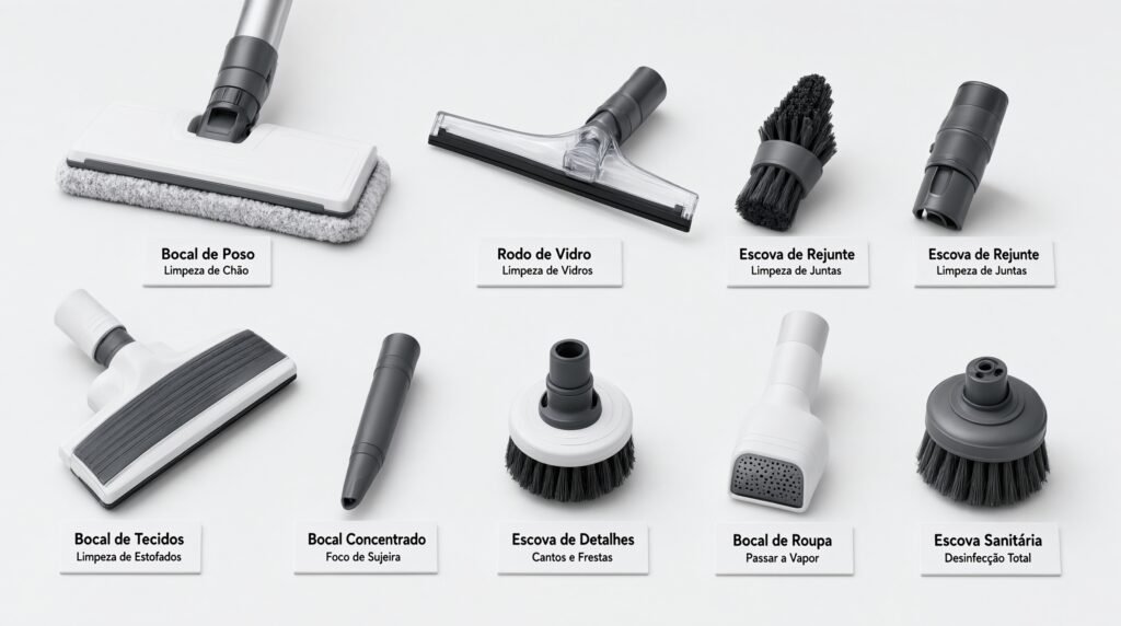 Flat lay premium com todos os acessórios de kit completo de aspirador a vapor multifuncional organizados e identificados com etiquetas de nome e uso