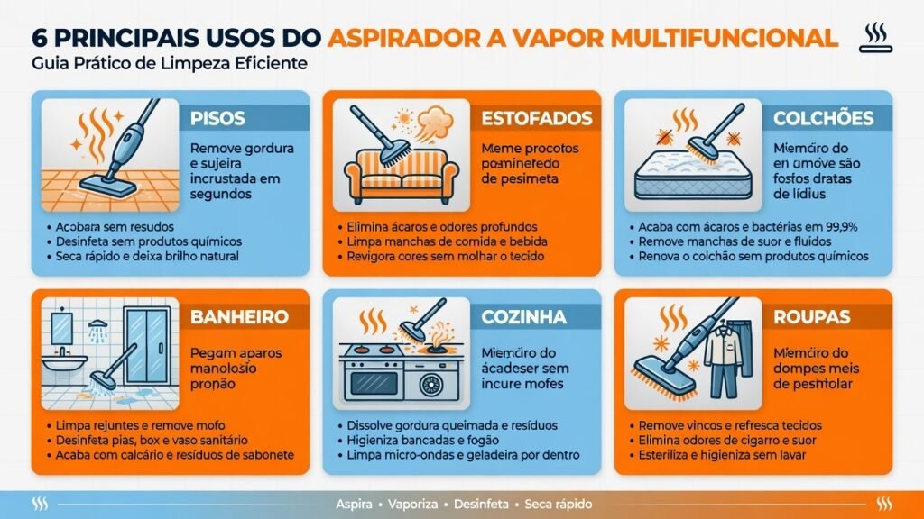 Infográfico mostrando as seis principais possibilidades de uso do aspirador a vapor multifuncional em grade com ícones e benefícios de cada aplicação