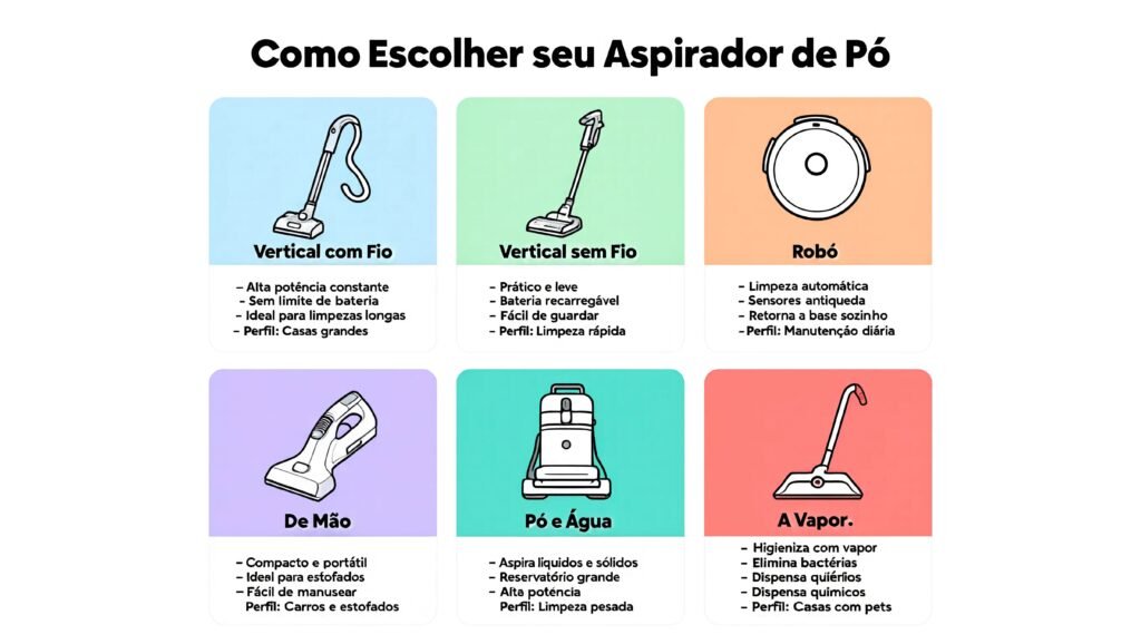 Infográfico mostrando os seis tipos de aspirador de pó em grade com ícones características principais e perfil ideal para cada tipo
