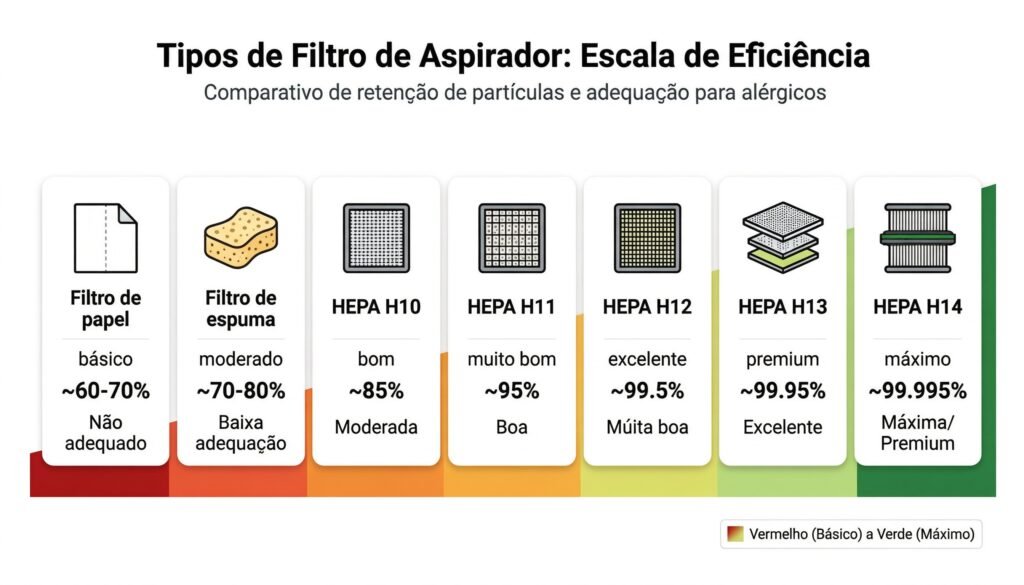  Infográfico mostrando escala de eficiência dos tipos de filtro de aspirador de papel a HEPA H14 com porcentagem de retenção e adequação para alérgicos