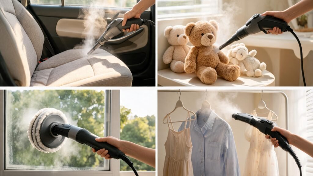 Grade mostrando quatro usos surpreendentes do aspirador a vapor no interior do carro brinquedos de bebê vidros de janela e vaporizando roupas