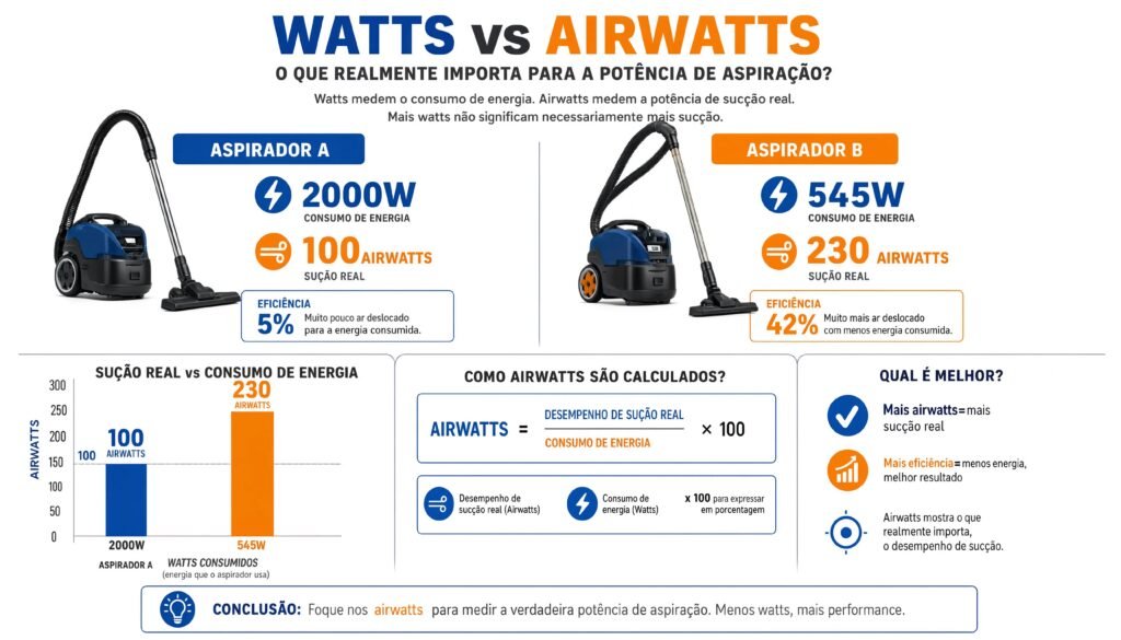 Infográfico educacional comparando watts e airwatts em aspiradores mostrando que 2000W pode ter menos sucção real que 545W com motor mais eficiente