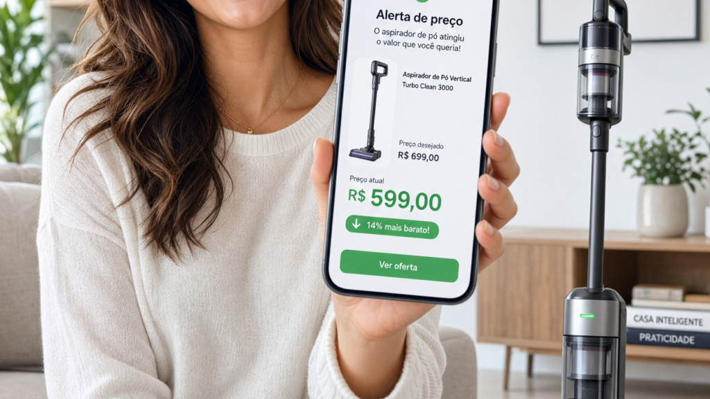 Pessoa sorridente com smartphone mostrando alerta de queda de preço de aspirador de pó