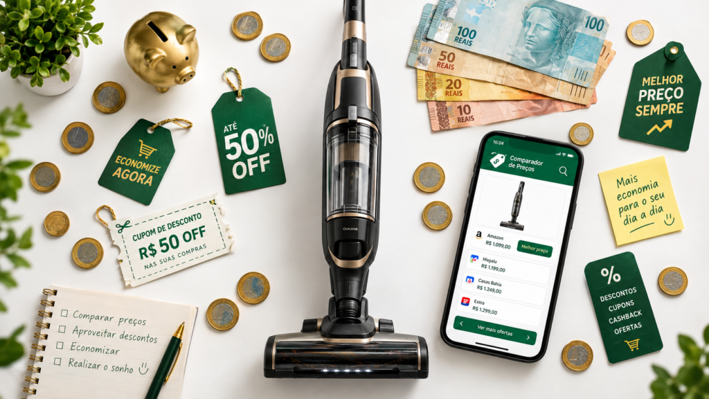 Flat lay com aspirador de pó vertical rodeado por elementos de economia: moedas, descontos e cupons