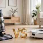 Aspirador vertical sem fio premium e aspirador robô moderno lado a lado com símbolo vs entre eles em ambiente doméstico moderno