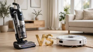 Aspirador vertical sem fio premium e aspirador robô moderno lado a lado com símbolo vs entre eles em ambiente doméstico moderno