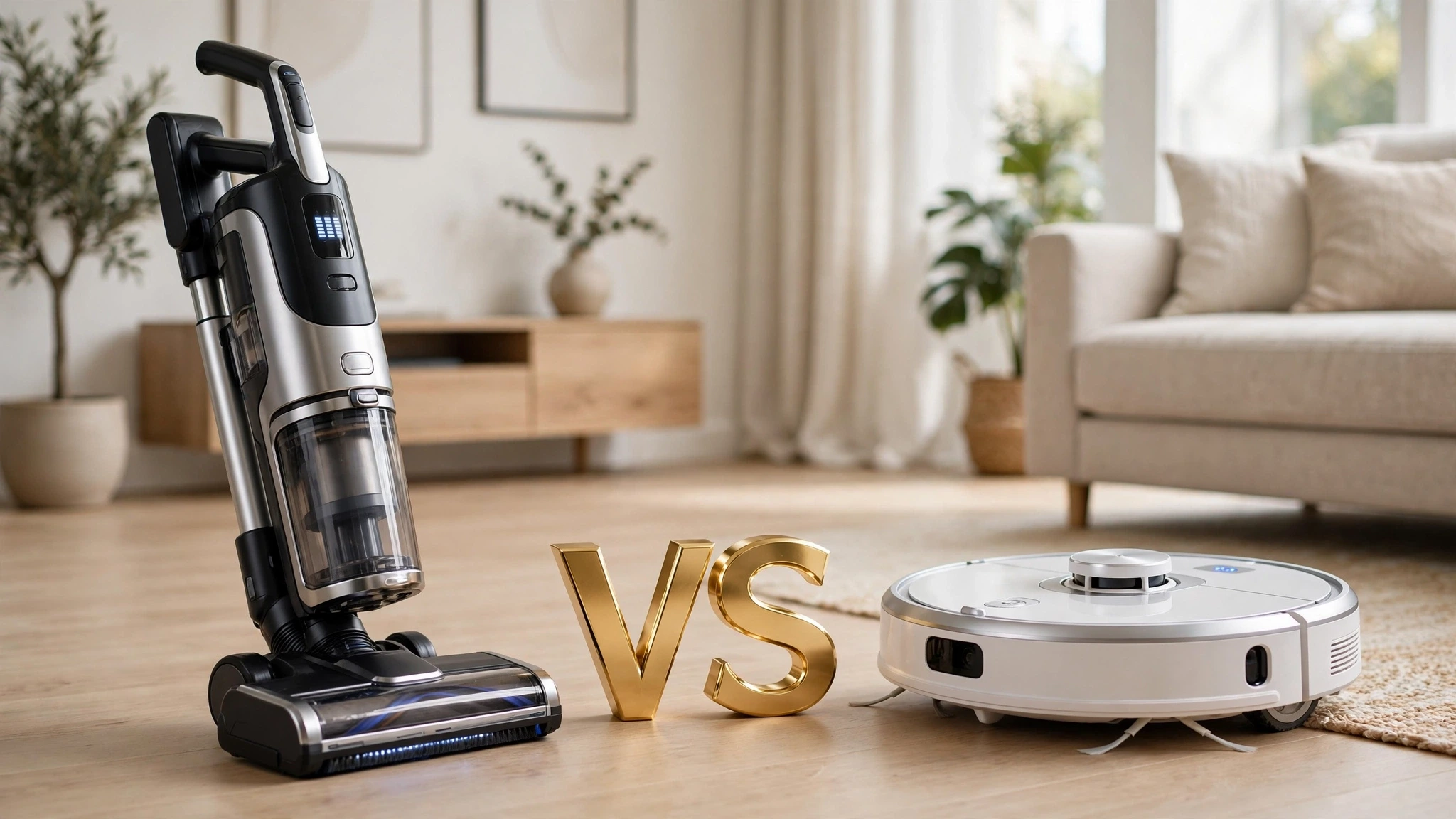 Aspirador vertical sem fio premium e aspirador robô moderno lado a lado com símbolo vs entre eles em ambiente doméstico moderno