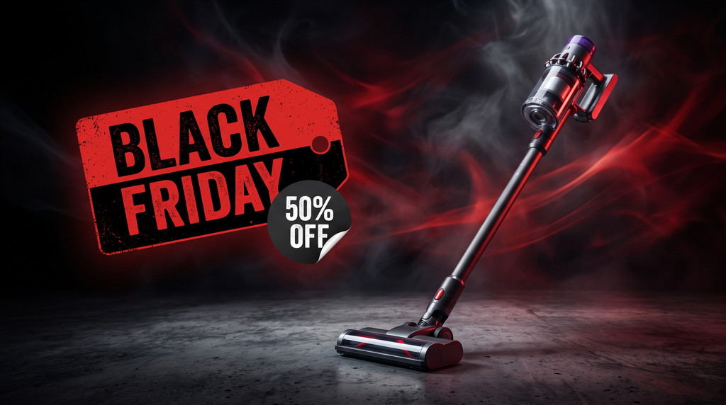 Aspirador de pó em destaque com etiqueta de desconto representando promoções da Black Friday